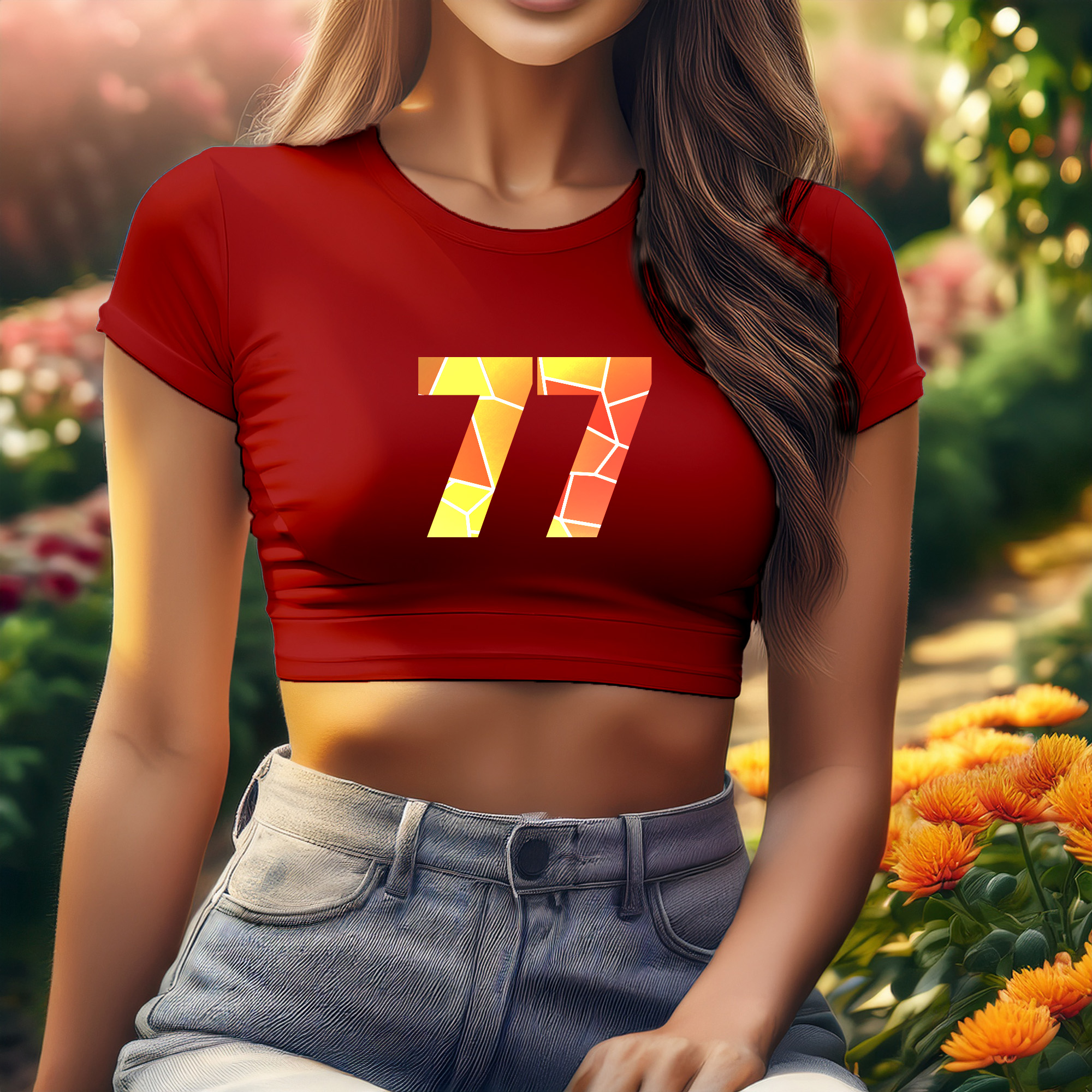77 Number Women Crop Top (Red)