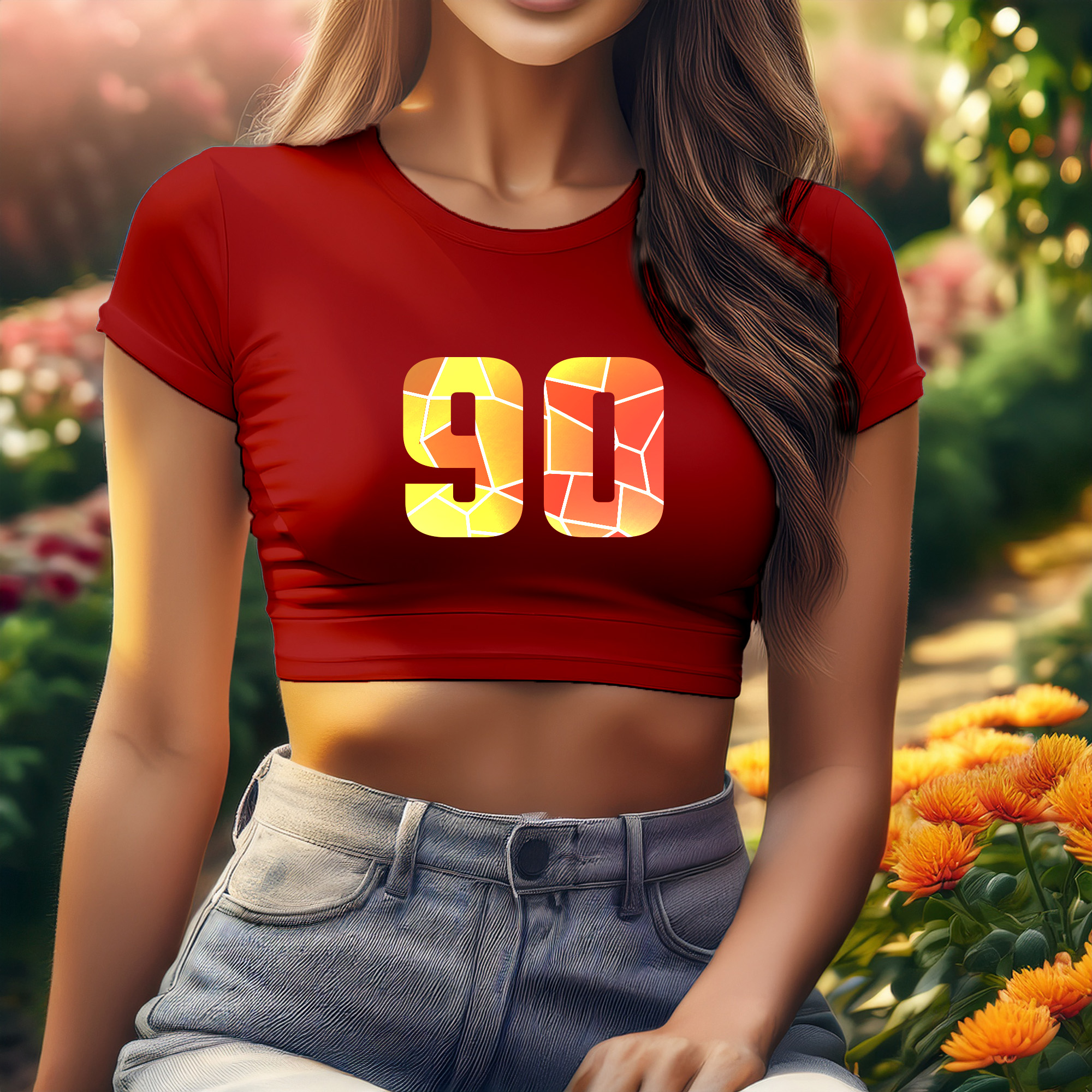 90 Number Women Crop Top (Red)