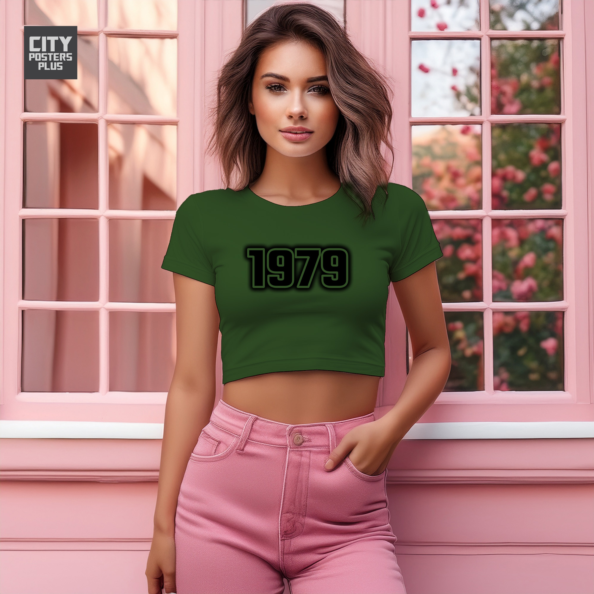 1979 Year Women Crop Top (Olive Green)